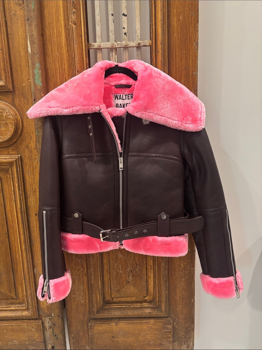 Walter Baker Dark Brown Lamb Leather Jacket with Pink Shearling Trim (NWT)